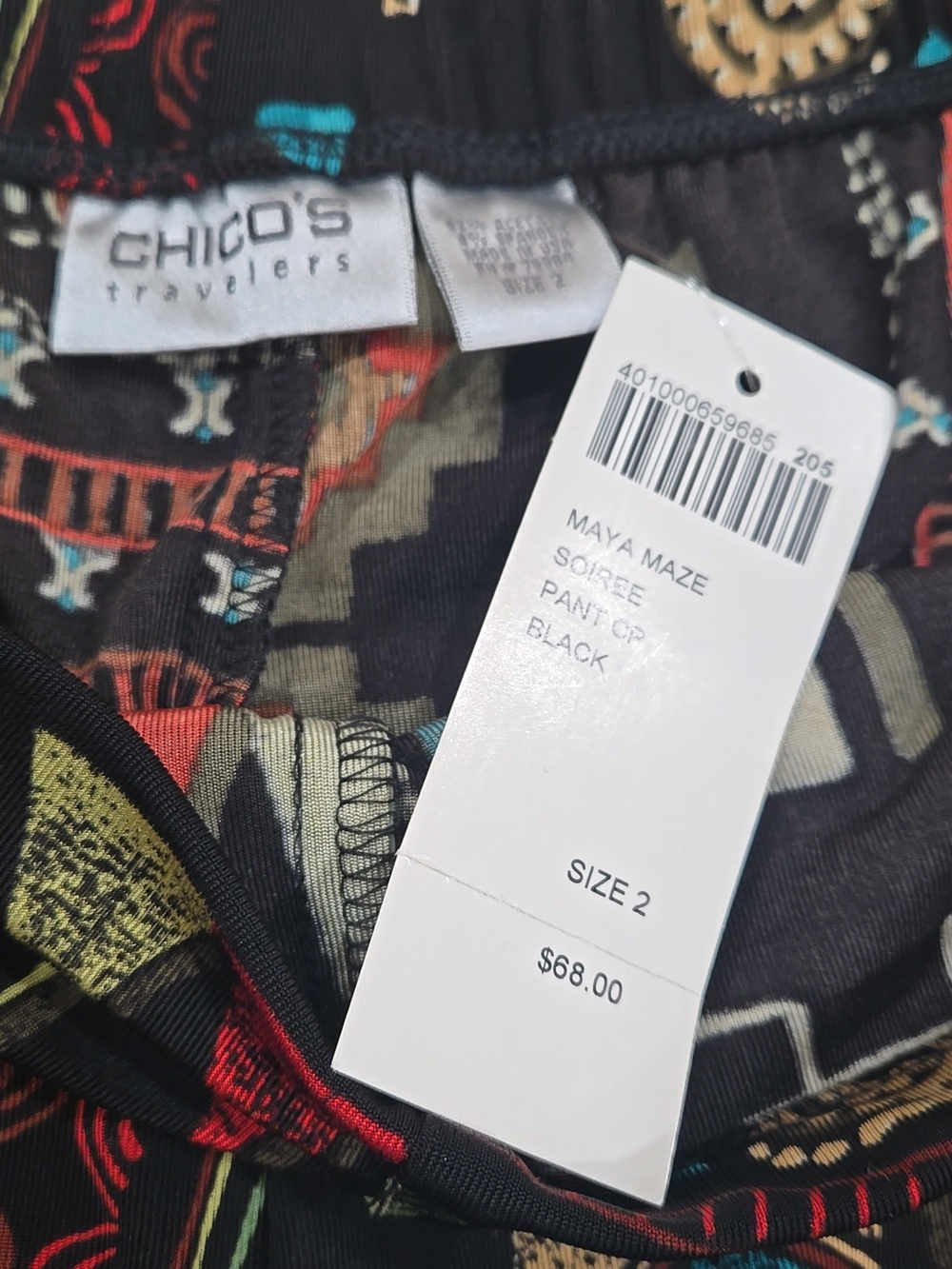 New! Chico's Black Wide Leg Pants with Multicolor Tribal Print - Picture 2 of 5